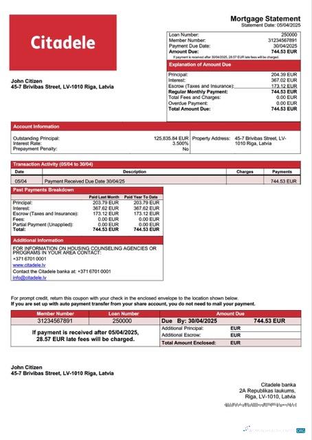 Download Latvia Citadele banka mortgage statement Word and PDF template Photoshop template